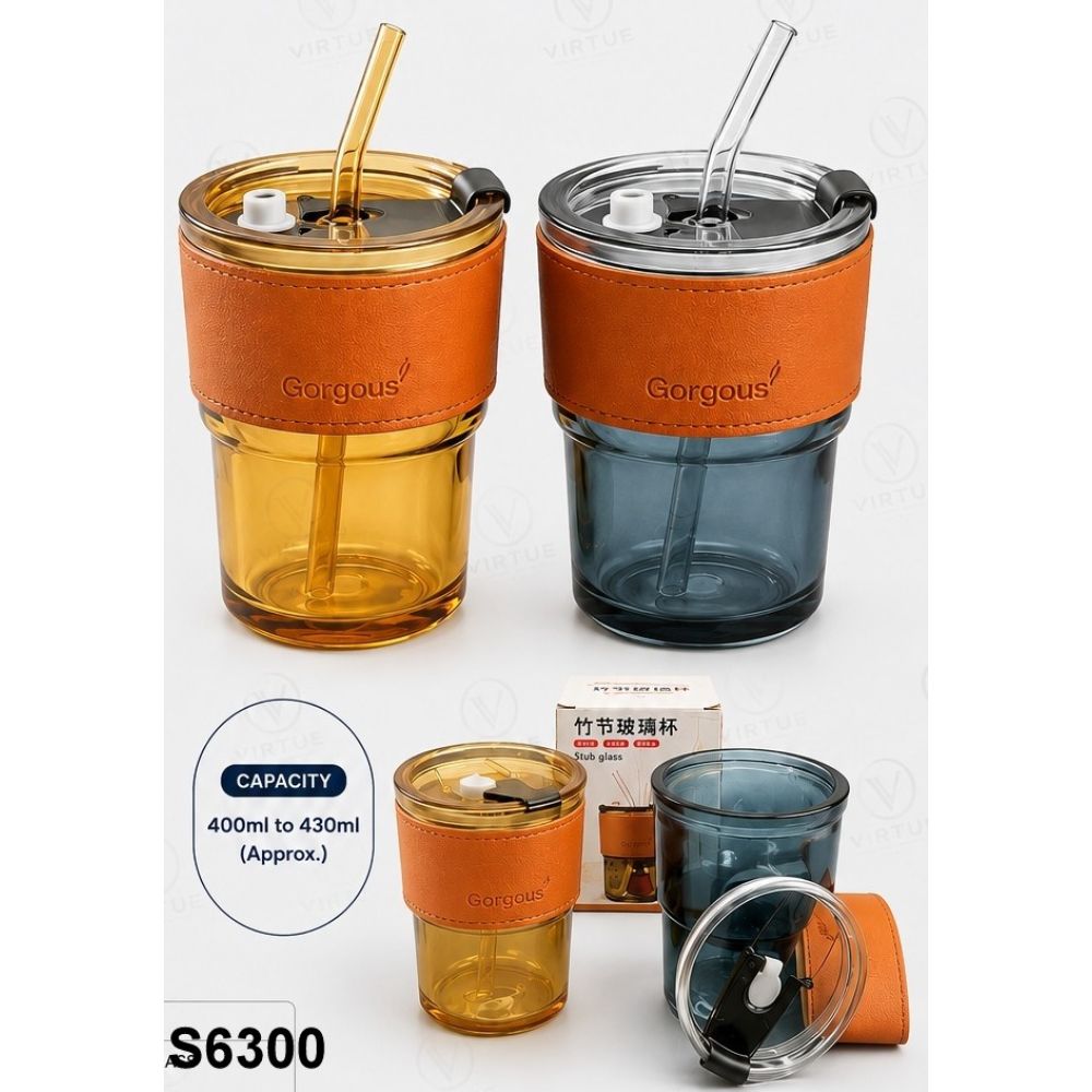 Stub Glass Tumbler With Straw & Lid Leather_400ml_Box Pkg